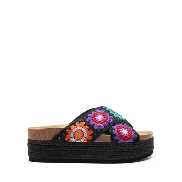 Raffia Flatform Flat Sandals - BLACK MULTI - 3
